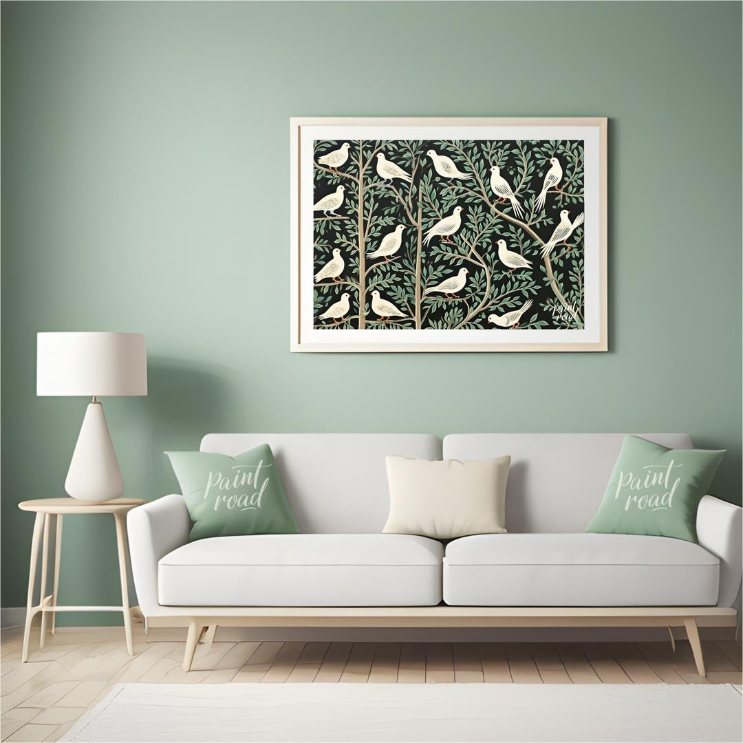 This artwork presents a visually rich and intricate pattern featuring white doves perched on styliz… for living room