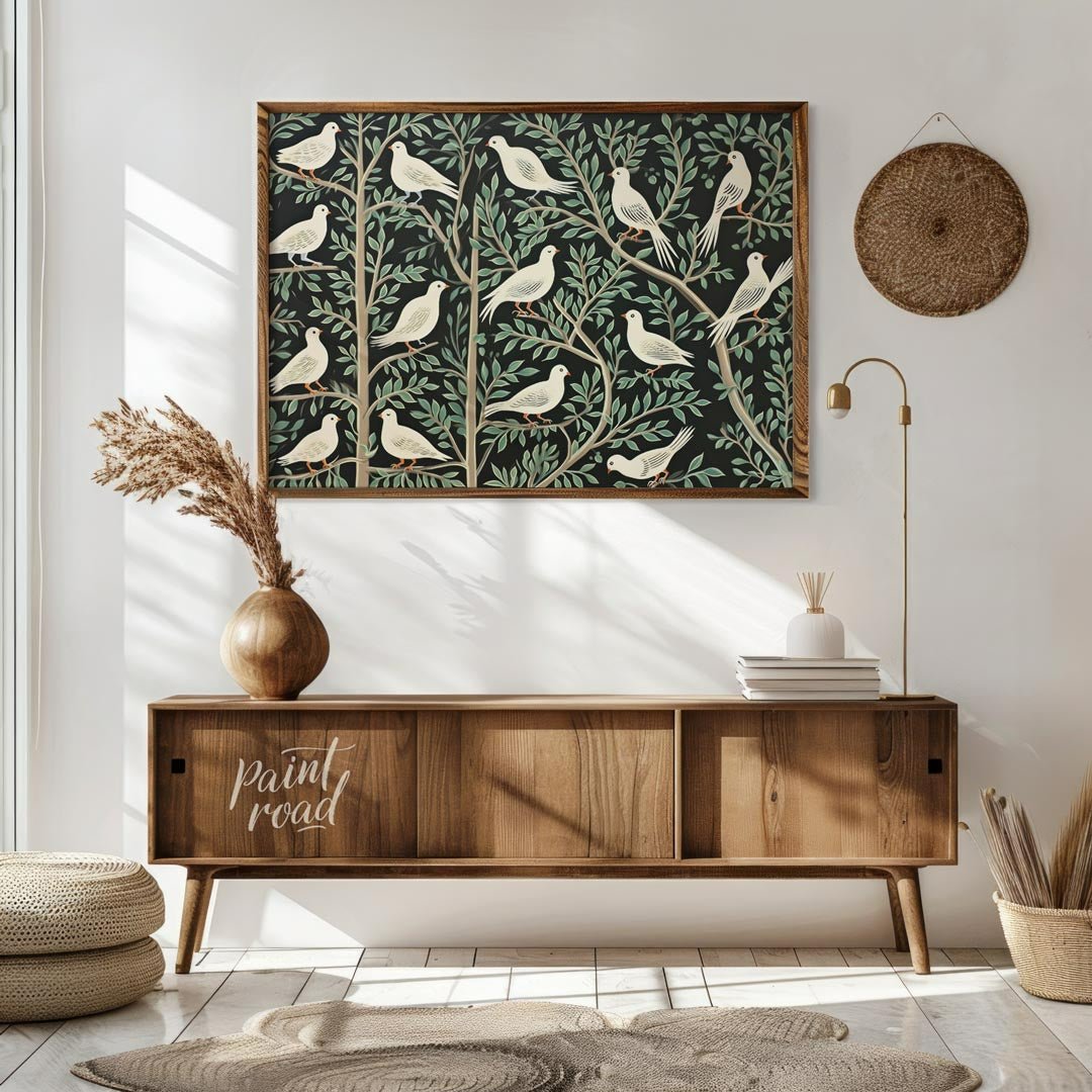 This artwork presents a visually rich and intricate pattern featuring white doves perched on styliz… for living room