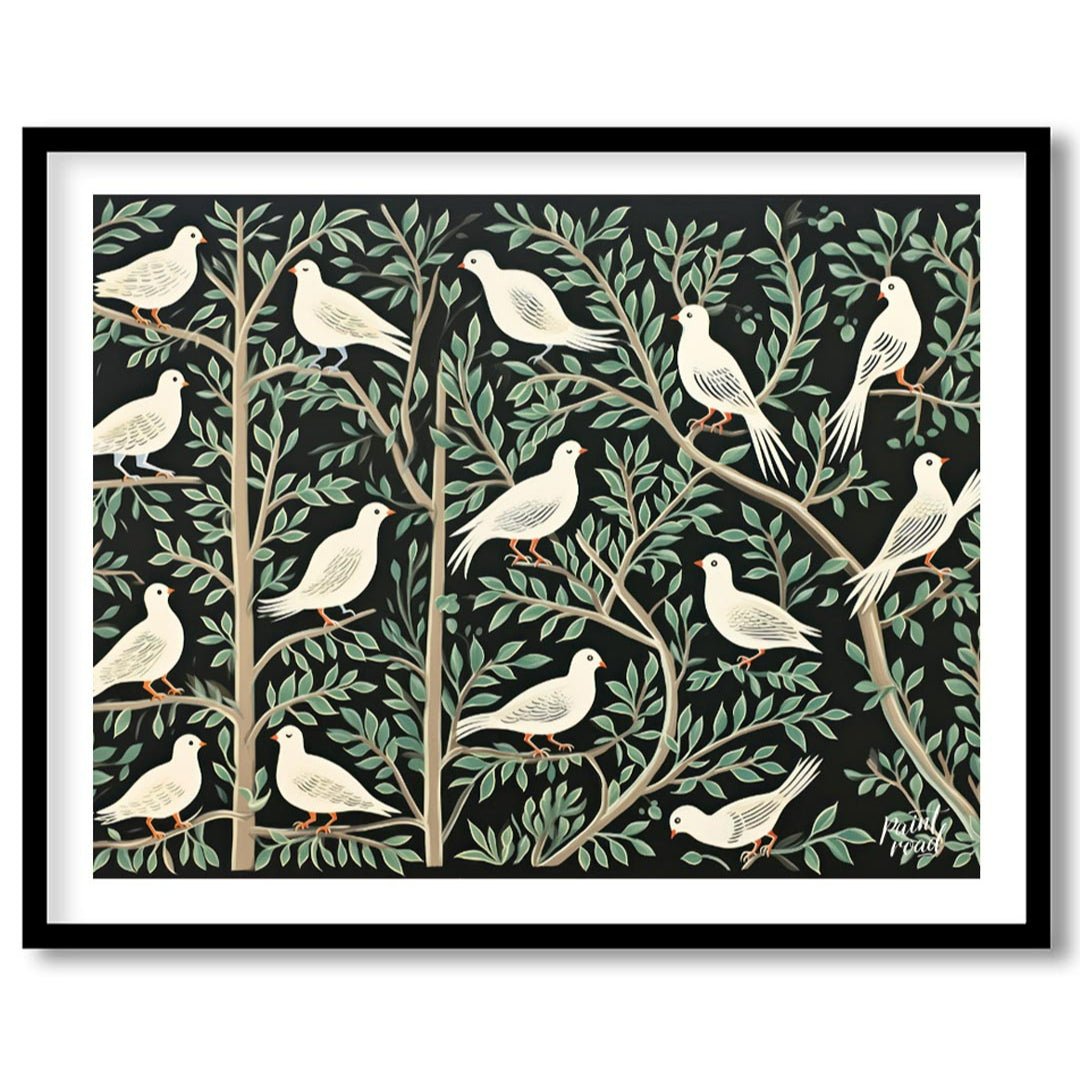 This artwork presents a visually rich and intricate pattern featuring white doves perched on styliz… for space