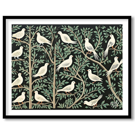 This artwork presents a visually rich and intricate pattern featuring white doves perched on styliz… for space