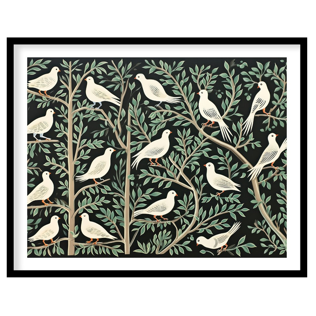 This artwork presents a visually rich and intricate pattern featuring white doves perched on styliz… for space