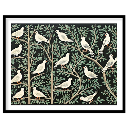 This artwork presents a visually rich and intricate pattern featuring white doves perched on styliz… for space