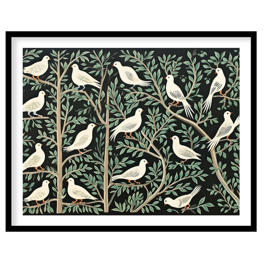 This artwork presents a visually rich and intricate pattern featuring white doves perched on styliz… for space