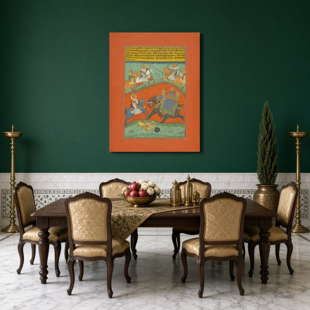 This Ragamala masterpiece captures the intensity of a royal chase across a striking orange terrain. for Dining
