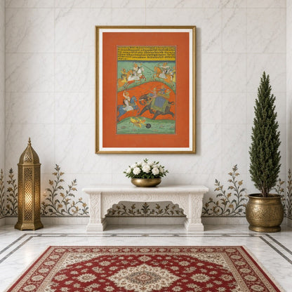 This Ragamala masterpiece captures the intensity of a royal chase across a striking orange terrain. for Entrance