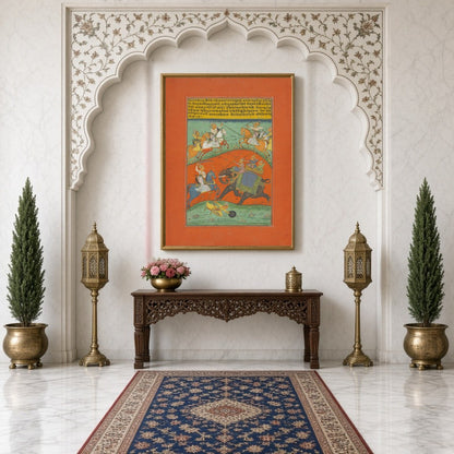 This Ragamala masterpiece captures the intensity of a royal chase across a striking orange terrain. for Hallway