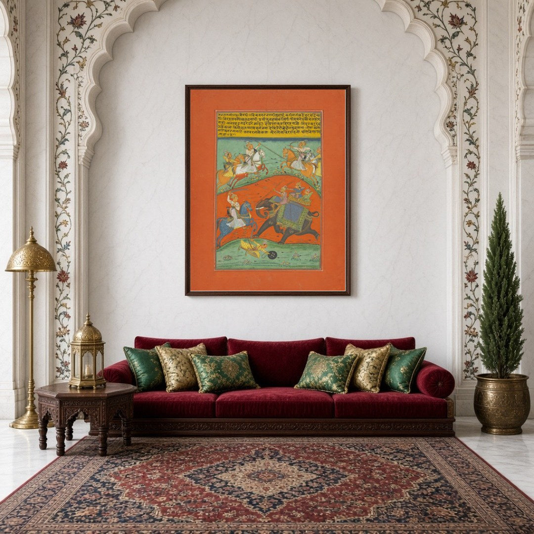 This Ragamala masterpiece captures the intensity of a royal chase across a striking orange terrain. for Living Room