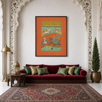 This Ragamala masterpiece captures the intensity of a royal chase across a striking orange terrain. for Living Room