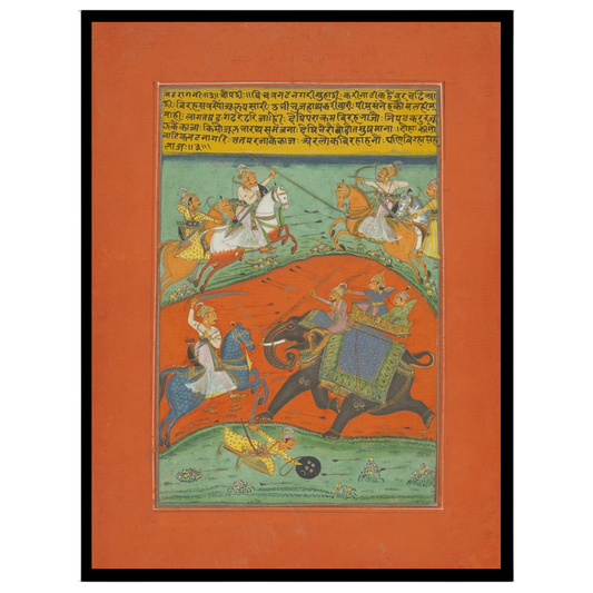 This Ragamala masterpiece captures the intensity of a royal chase across a striking orange terrain. for sanctuary