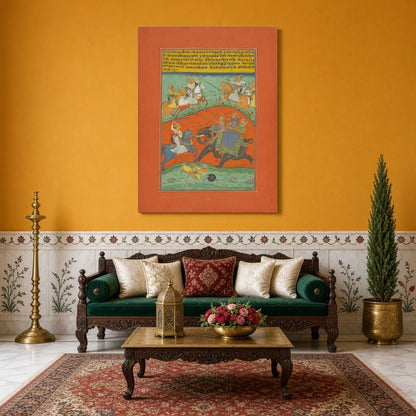 This Ragamala masterpiece captures the intensity of a royal chase across a striking orange terrain. for Sitting Area