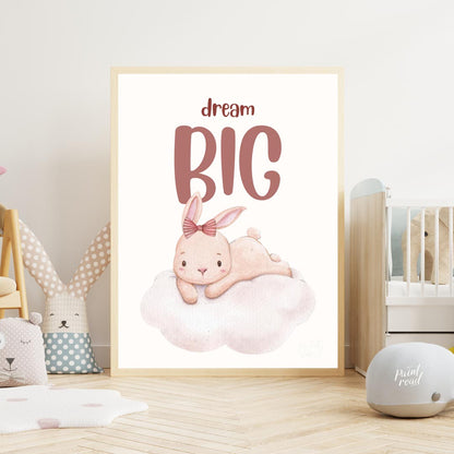 This enchanting watercolor illustration features an adorable, light pink bunny with long, soft ears… for nursery