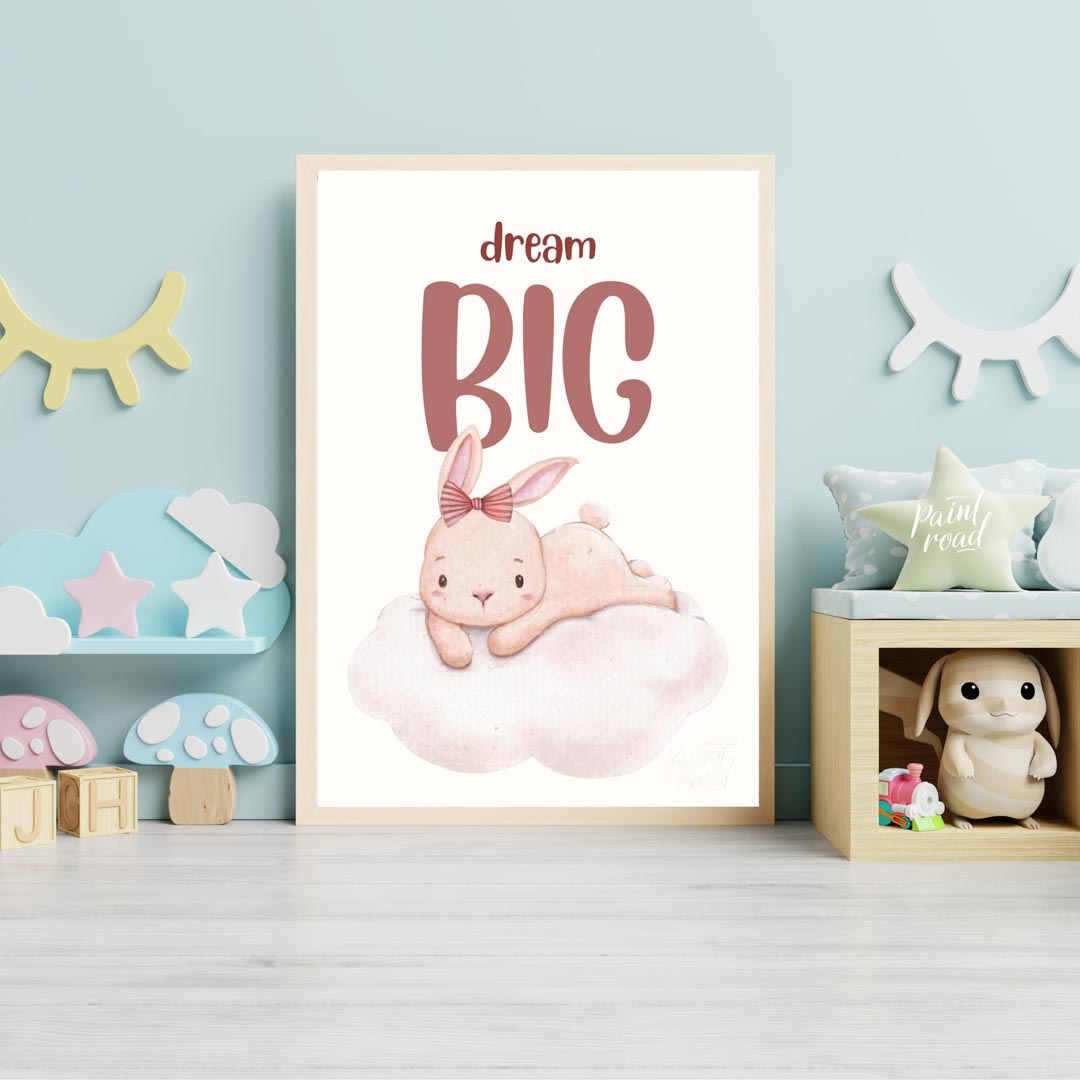 This enchanting watercolor illustration features an adorable, light pink bunny with long, soft ears… for nursery