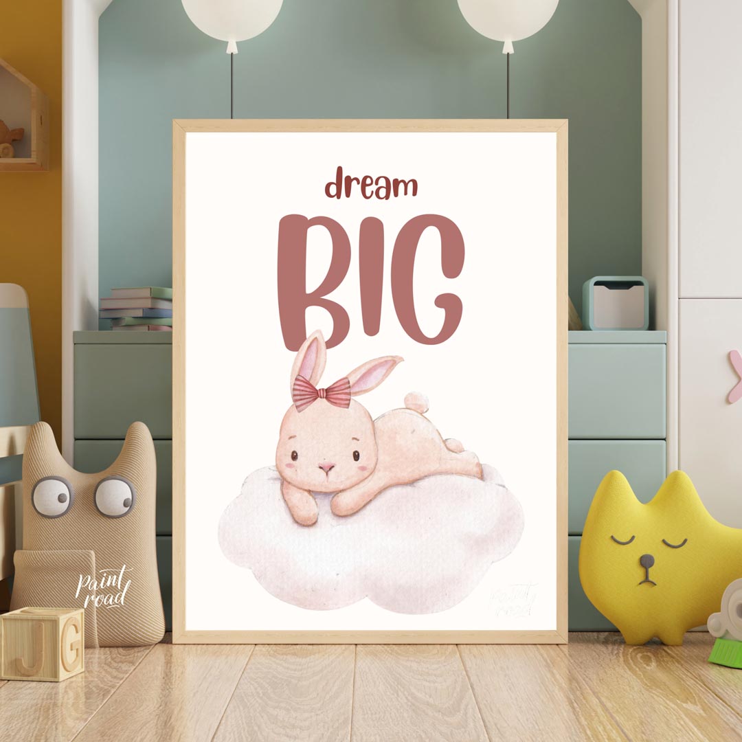 This enchanting watercolor illustration features an adorable, light pink bunny with long, soft ears… for nursery