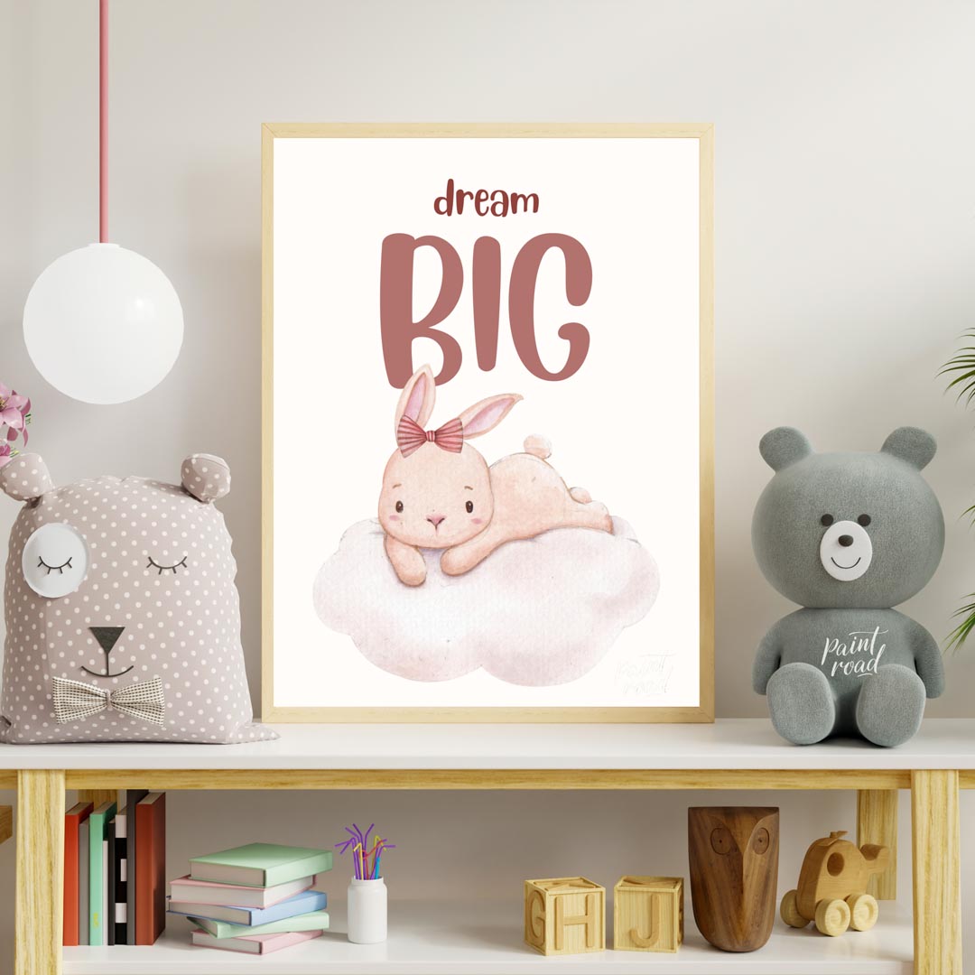 This enchanting watercolor illustration features an adorable, light pink bunny with long, soft ears… for nursery