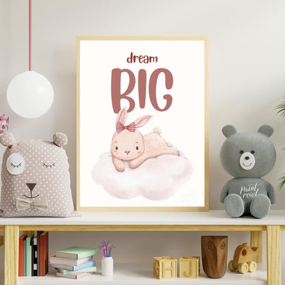 This enchanting watercolor illustration features an adorable, light pink bunny with long, soft ears… for nursery
