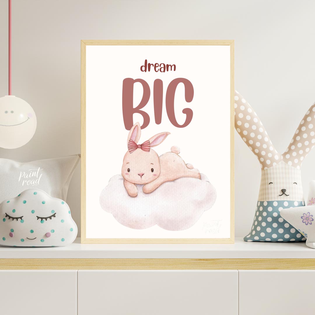 This enchanting watercolor illustration features an adorable, light pink bunny with long, soft ears… for nursery