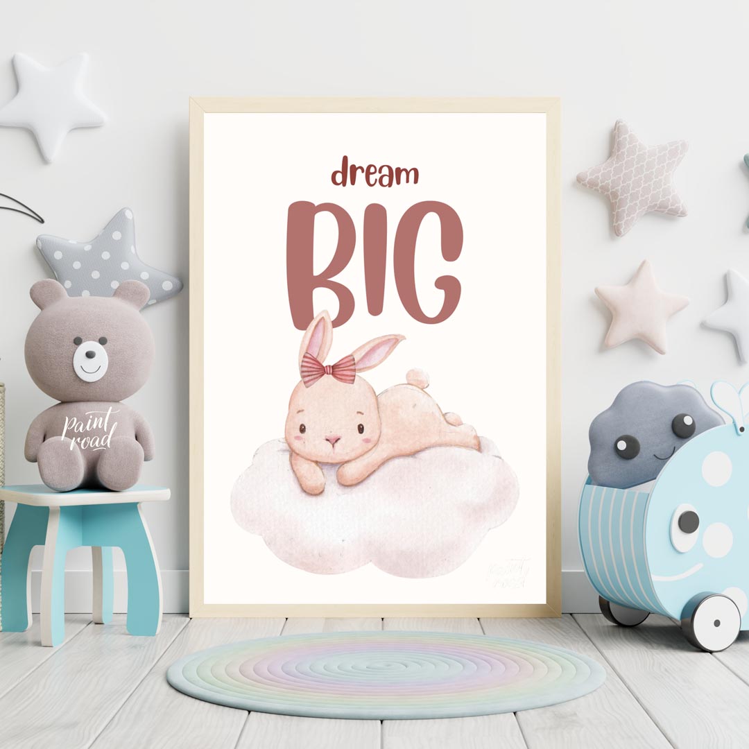 This enchanting watercolor illustration features an adorable, light pink bunny with long, soft ears… for nursery