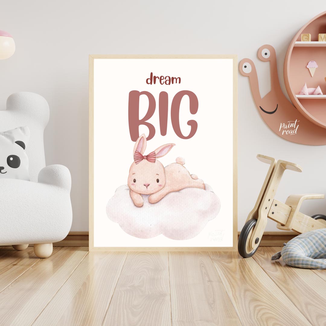 This enchanting watercolor illustration features an adorable, light pink bunny with long, soft ears… for nursery