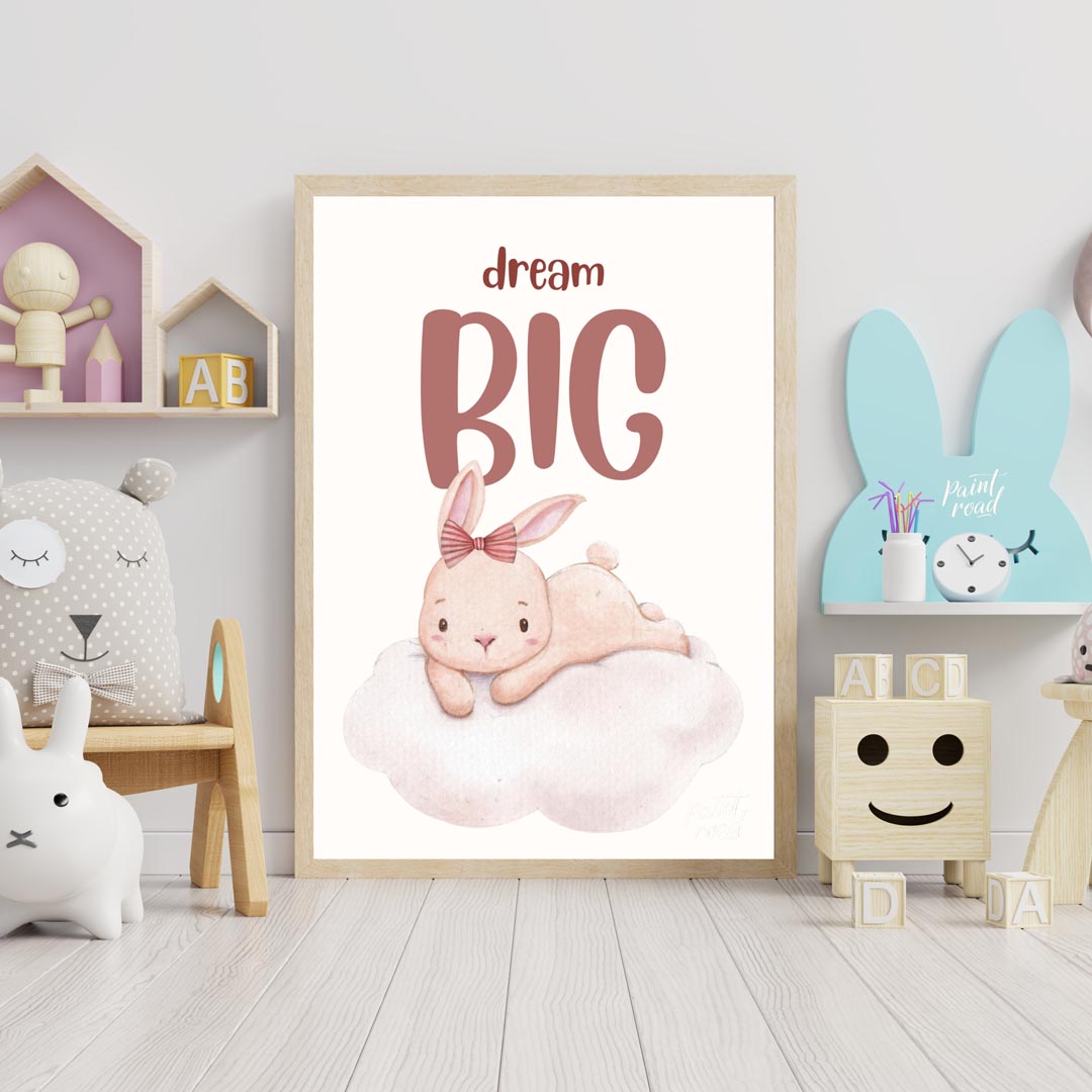 This enchanting watercolor illustration features an adorable, light pink bunny with long, soft ears… for nursery