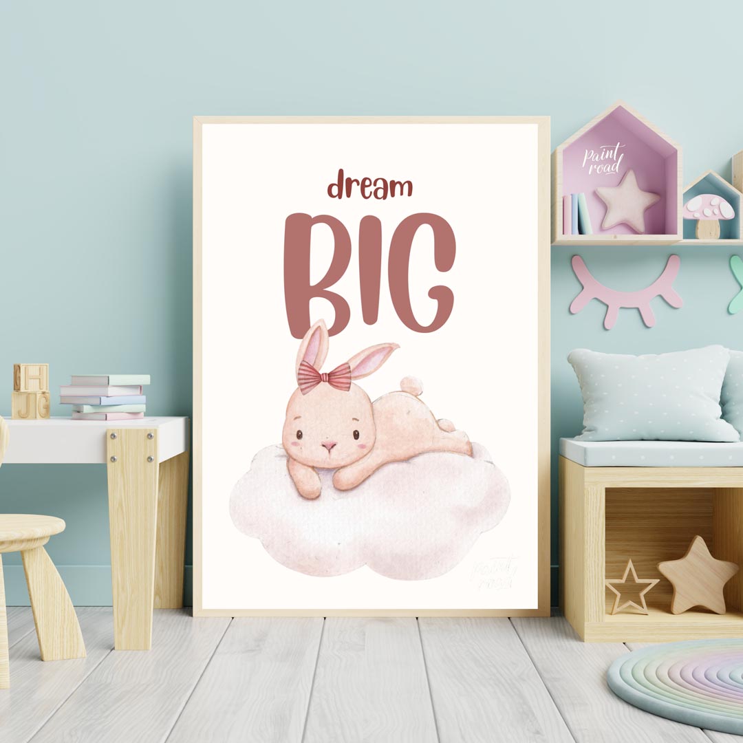 This enchanting watercolor illustration features an adorable, light pink bunny with long, soft ears… for nursery