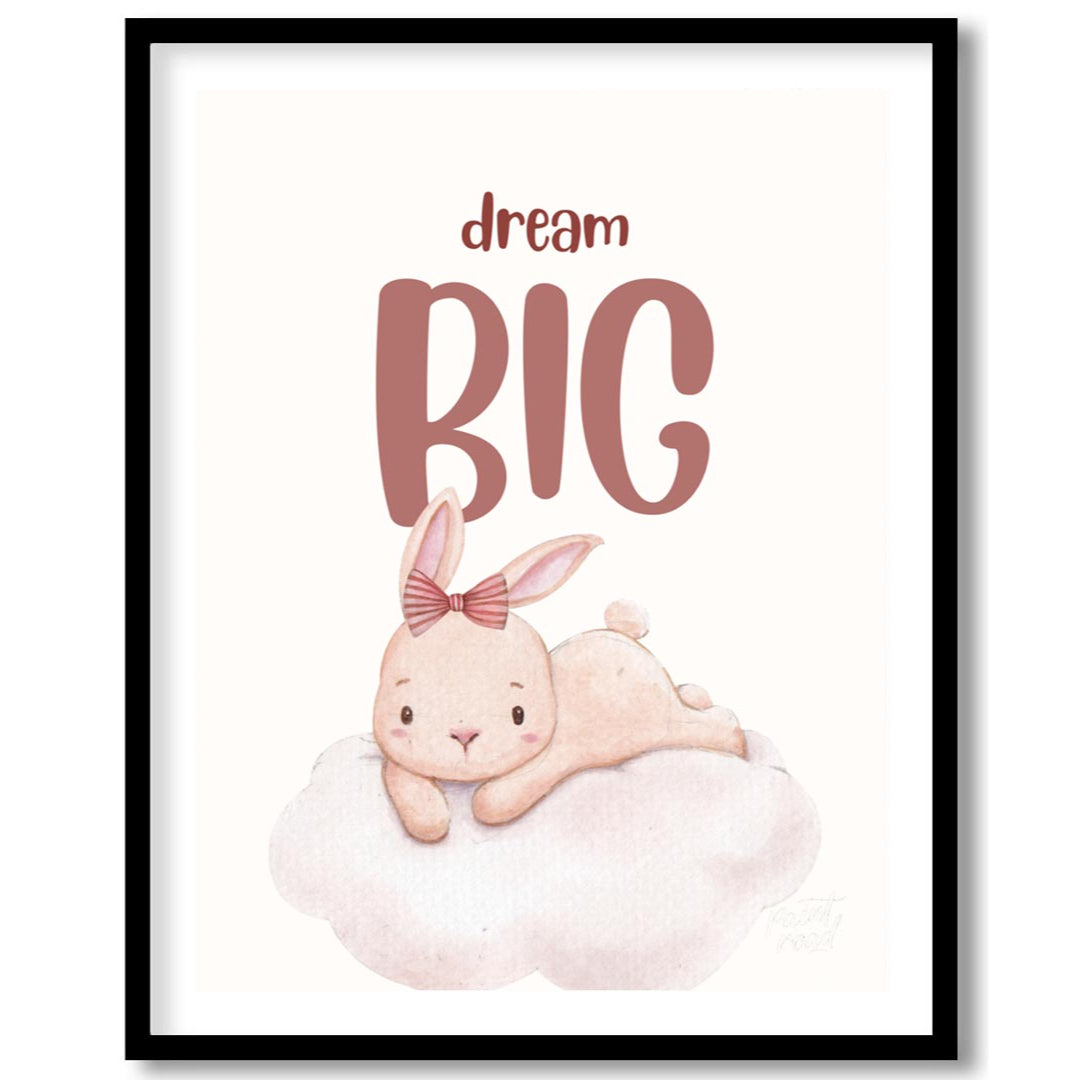 This enchanting watercolor illustration features an adorable, light pink bunny with long, soft ears… for space