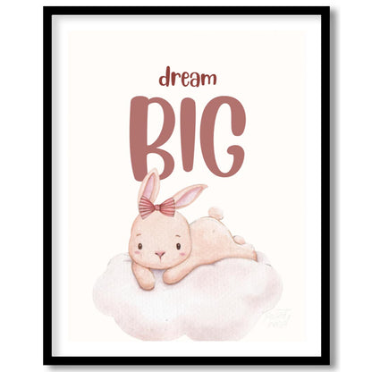 This enchanting watercolor illustration features an adorable, light pink bunny with long, soft ears… for space