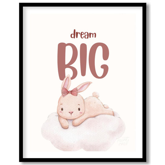 This enchanting watercolor illustration features an adorable, light pink bunny with long, soft ears… for space