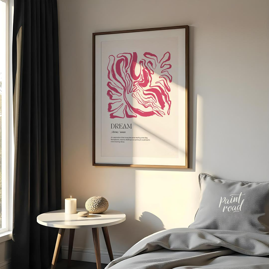 This sophisticated art print, titled “DREAM,” combines a powerful word with an intriguing abstract … for bedroom