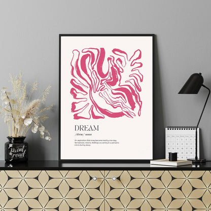 This sophisticated art print, titled “DREAM,” combines a powerful word with an intriguing abstract … for office