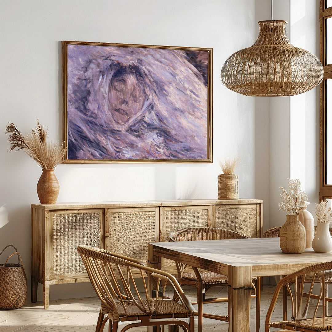This enchanting piece captures a serene visage enveloped in ethereal hues of purple and muted gray, for Dining