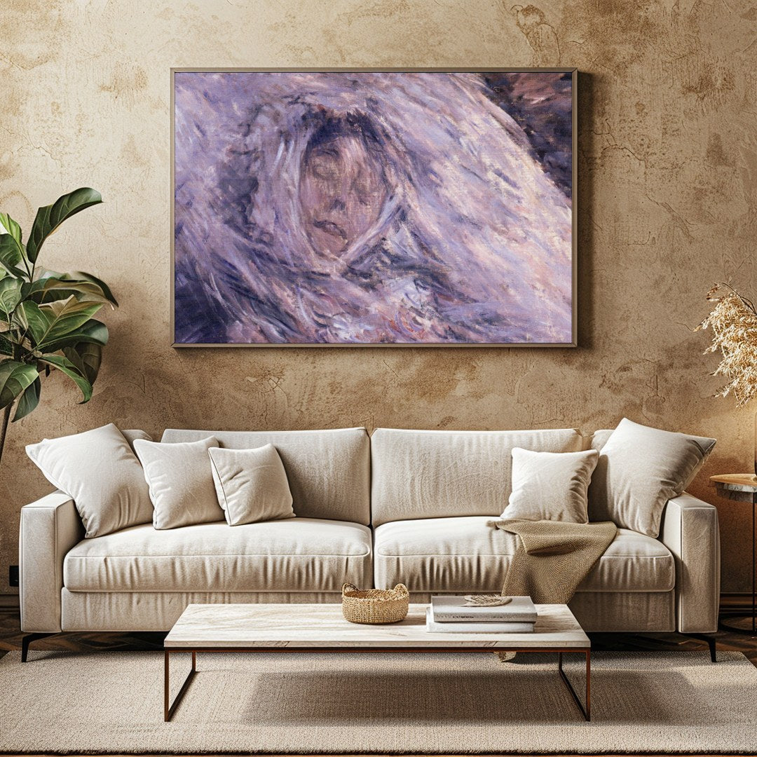 This enchanting piece captures a serene visage enveloped in ethereal hues of purple and muted gray, for Family Room