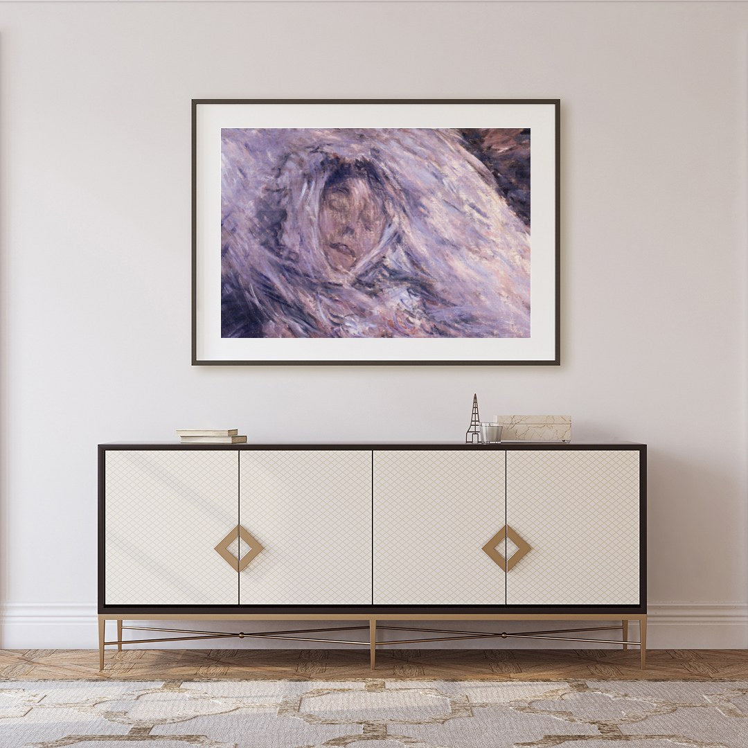 This enchanting piece captures a serene visage enveloped in ethereal hues of purple and muted gray, for Foyer