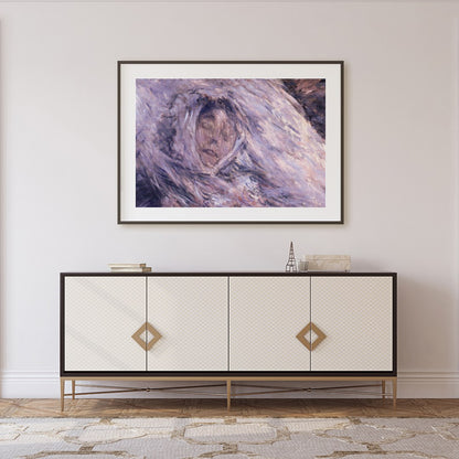 This enchanting piece captures a serene visage enveloped in ethereal hues of purple and muted gray, for Foyer