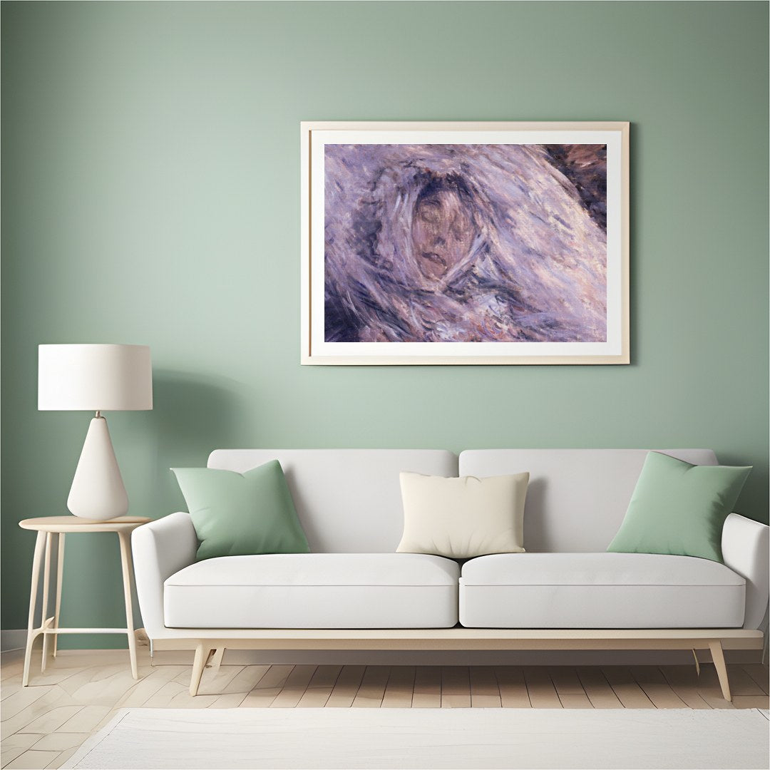 This enchanting piece captures a serene visage enveloped in ethereal hues of purple and muted gray, for Hall