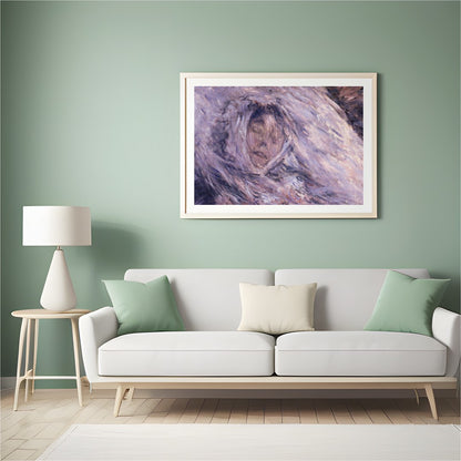 This enchanting piece captures a serene visage enveloped in ethereal hues of purple and muted gray, for Hall