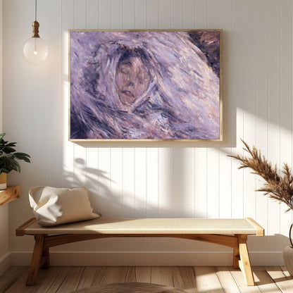 This enchanting piece captures a serene visage enveloped in ethereal hues of purple and muted gray, for Hallway
