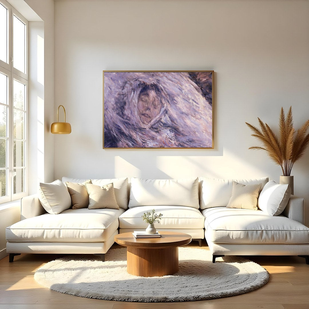 This enchanting piece captures a serene visage enveloped in ethereal hues of purple and muted gray, for Living Room