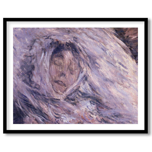 This enchanting piece captures a serene visage enveloped in ethereal hues of purple and muted gray, for lovely-house