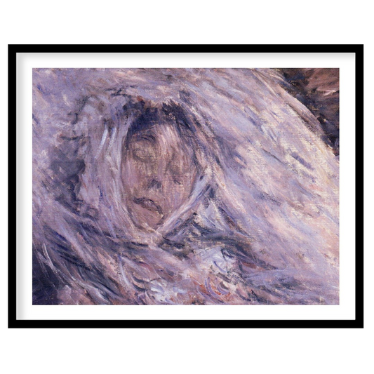 This enchanting piece captures a serene visage enveloped in ethereal hues of purple and muted gray, for lovely-house