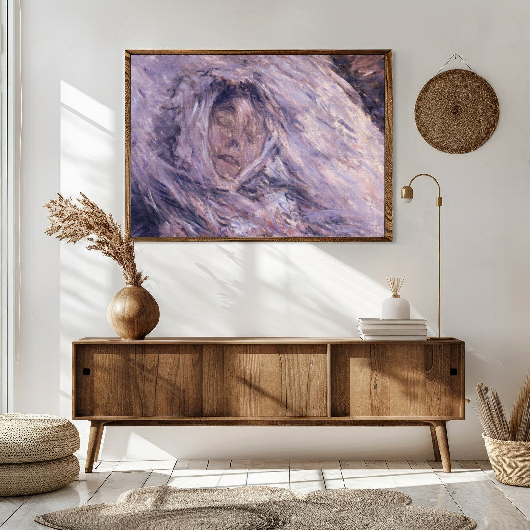 This enchanting piece captures a serene visage enveloped in ethereal hues of purple and muted gray, for Sitting Area