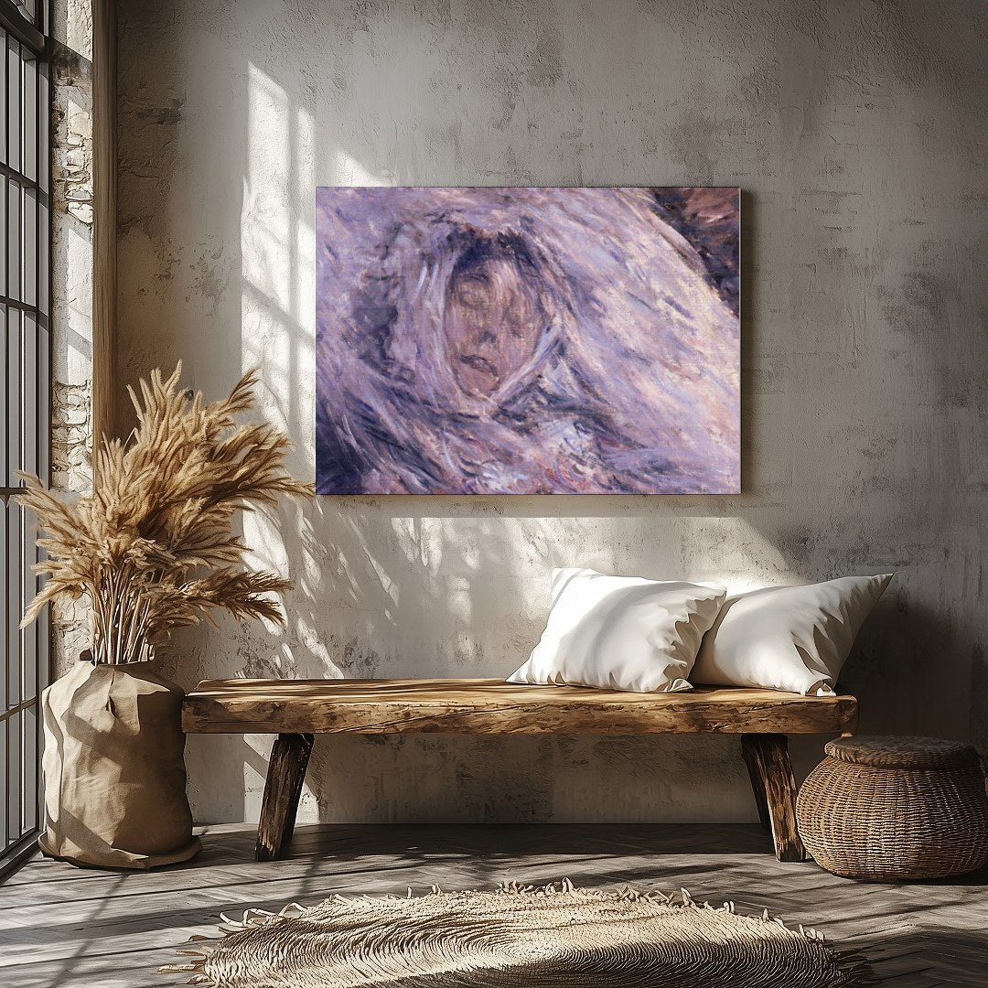 This enchanting piece captures a serene visage enveloped in ethereal hues of purple and muted gray, for Veranda