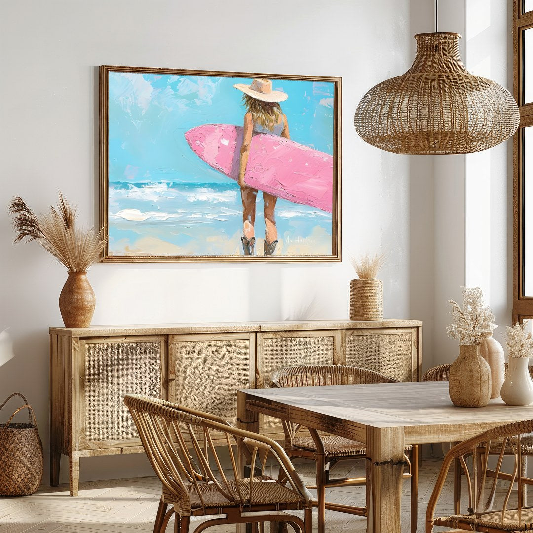 Embrace the serene beauty of the seaside with this enchanting artwork featuring a surfer gazing for Dining