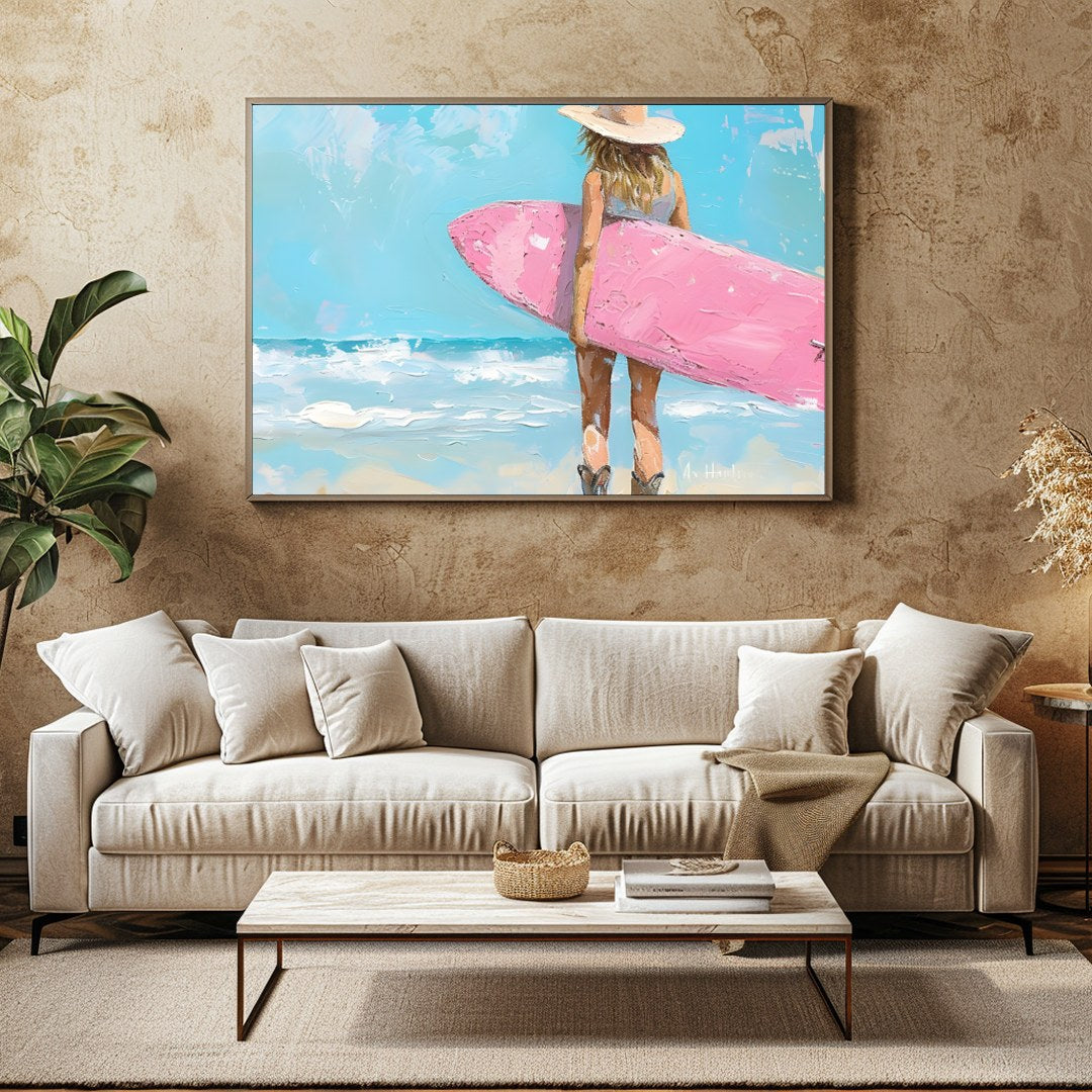 Embrace the serene beauty of the seaside with this enchanting artwork featuring a surfer gazing for Family Room