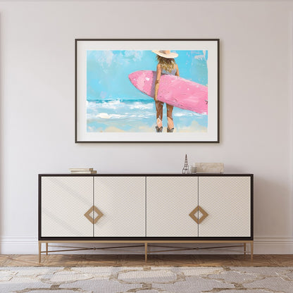 Embrace the serene beauty of the seaside with this enchanting artwork featuring a surfer gazing for Foyer