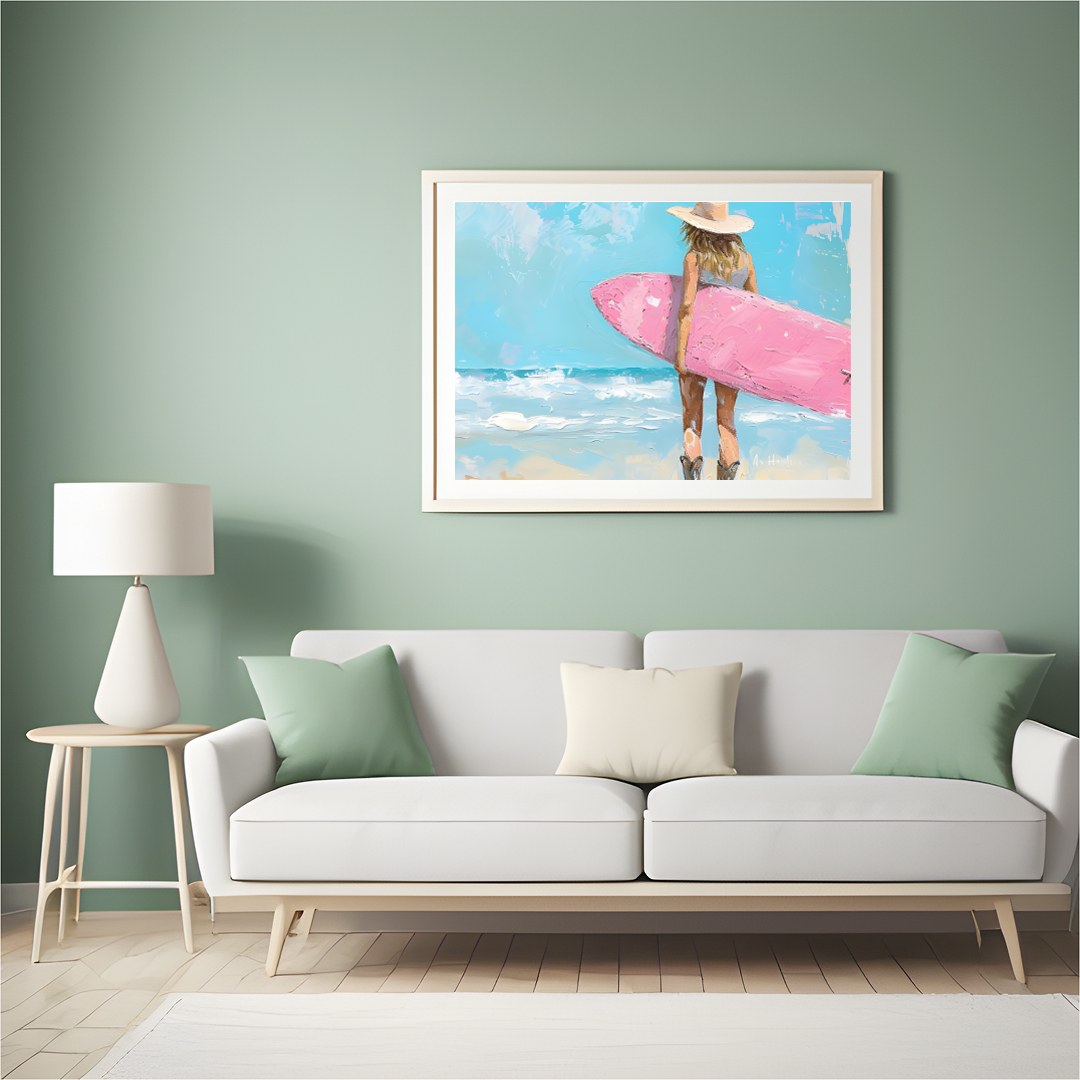 Embrace the serene beauty of the seaside with this enchanting artwork featuring a surfer gazing for Hall