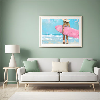 Embrace the serene beauty of the seaside with this enchanting artwork featuring a surfer gazing for Hall