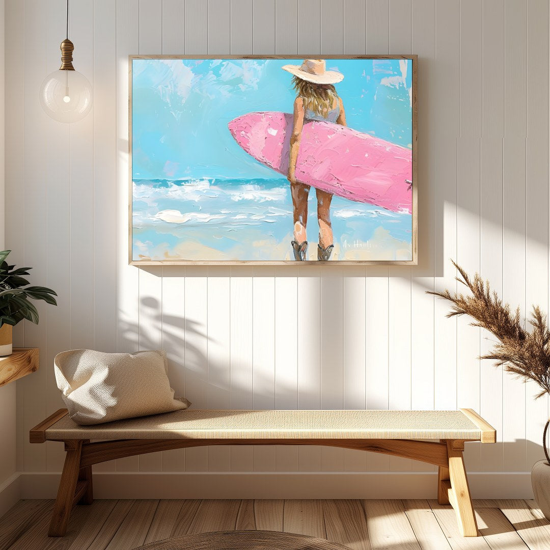Embrace the serene beauty of the seaside with this enchanting artwork featuring a surfer gazing for Hallway