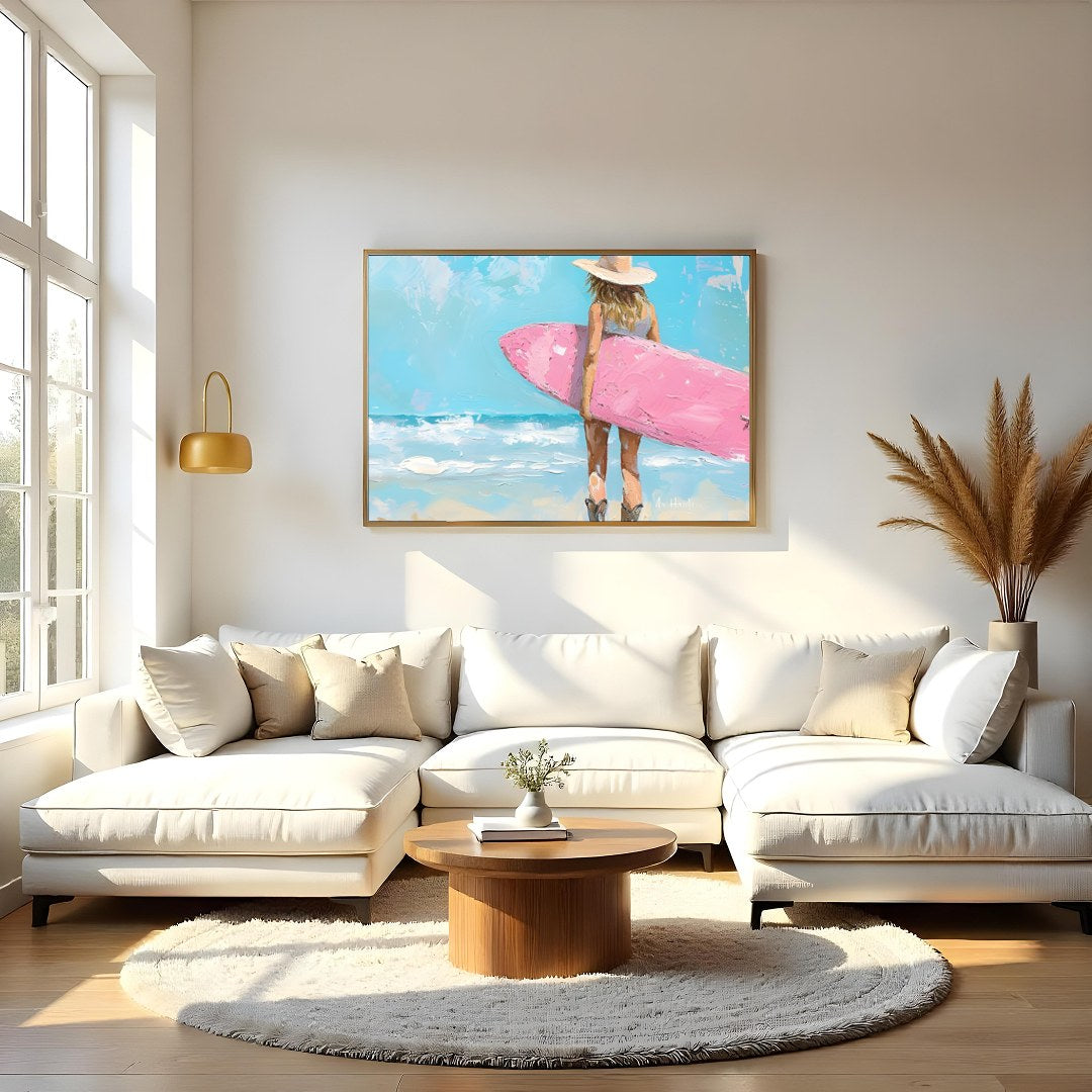 Embrace the serene beauty of the seaside with this enchanting artwork featuring a surfer gazing for Living Room