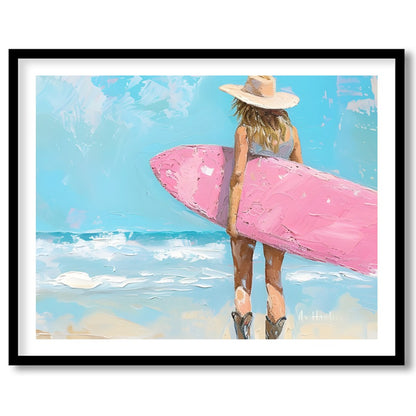Embrace the serene beauty of the seaside with this enchanting artwork featuring a surfer gazing for residence