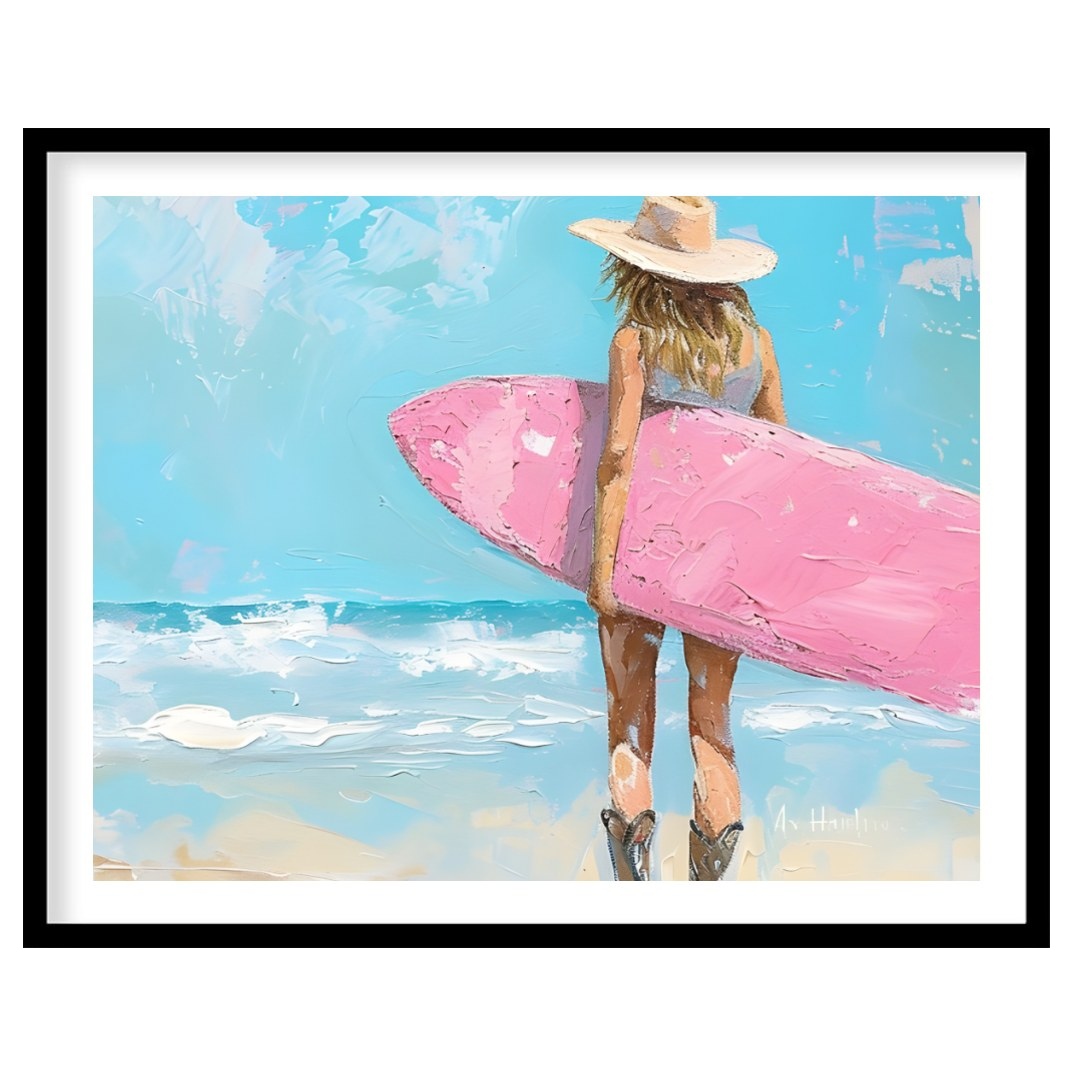 Embrace the serene beauty of the seaside with this enchanting artwork featuring a surfer gazing for residence